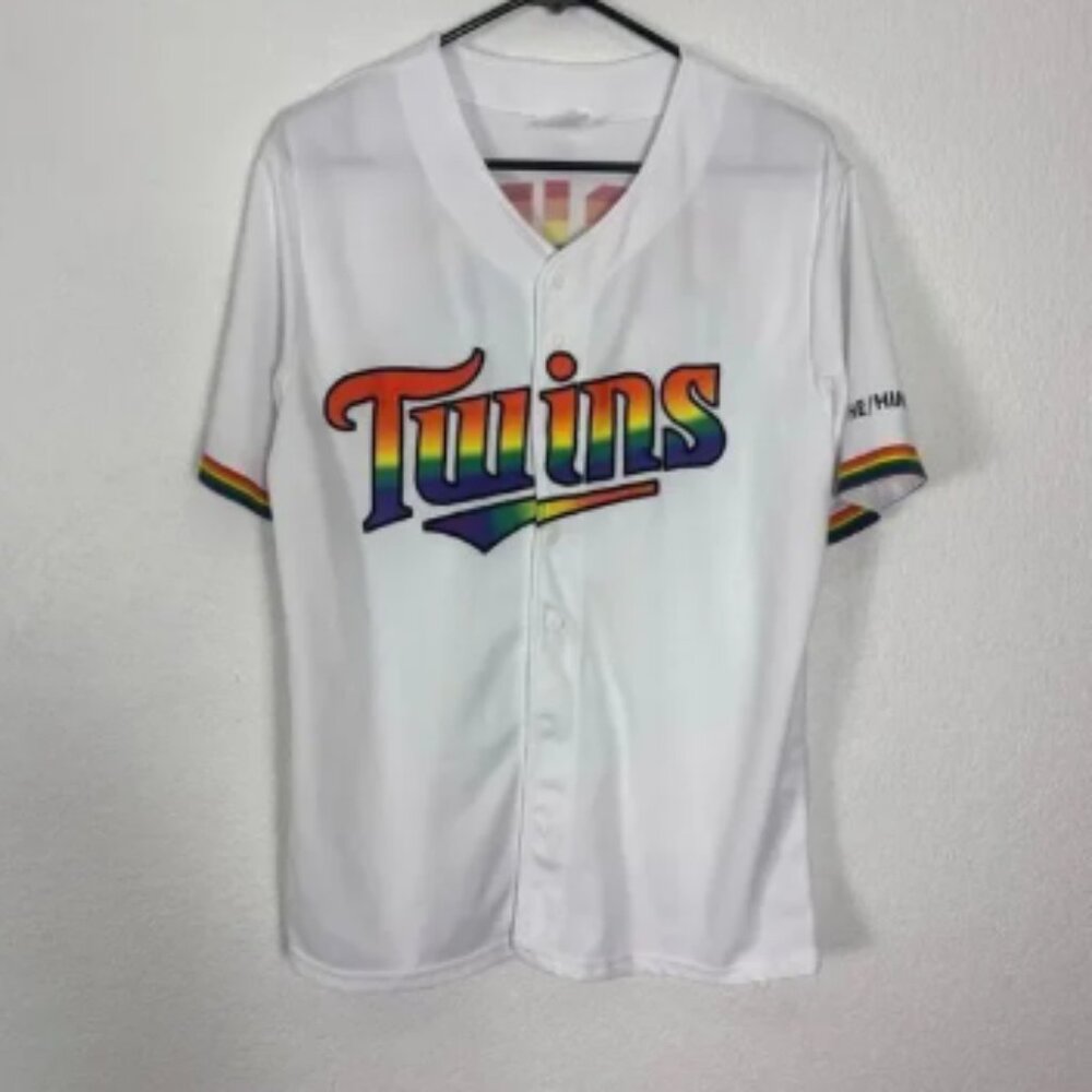 Minnesota Twins White with Rainbow Pride Logo Baseball Jersey He/Him/His Adult M